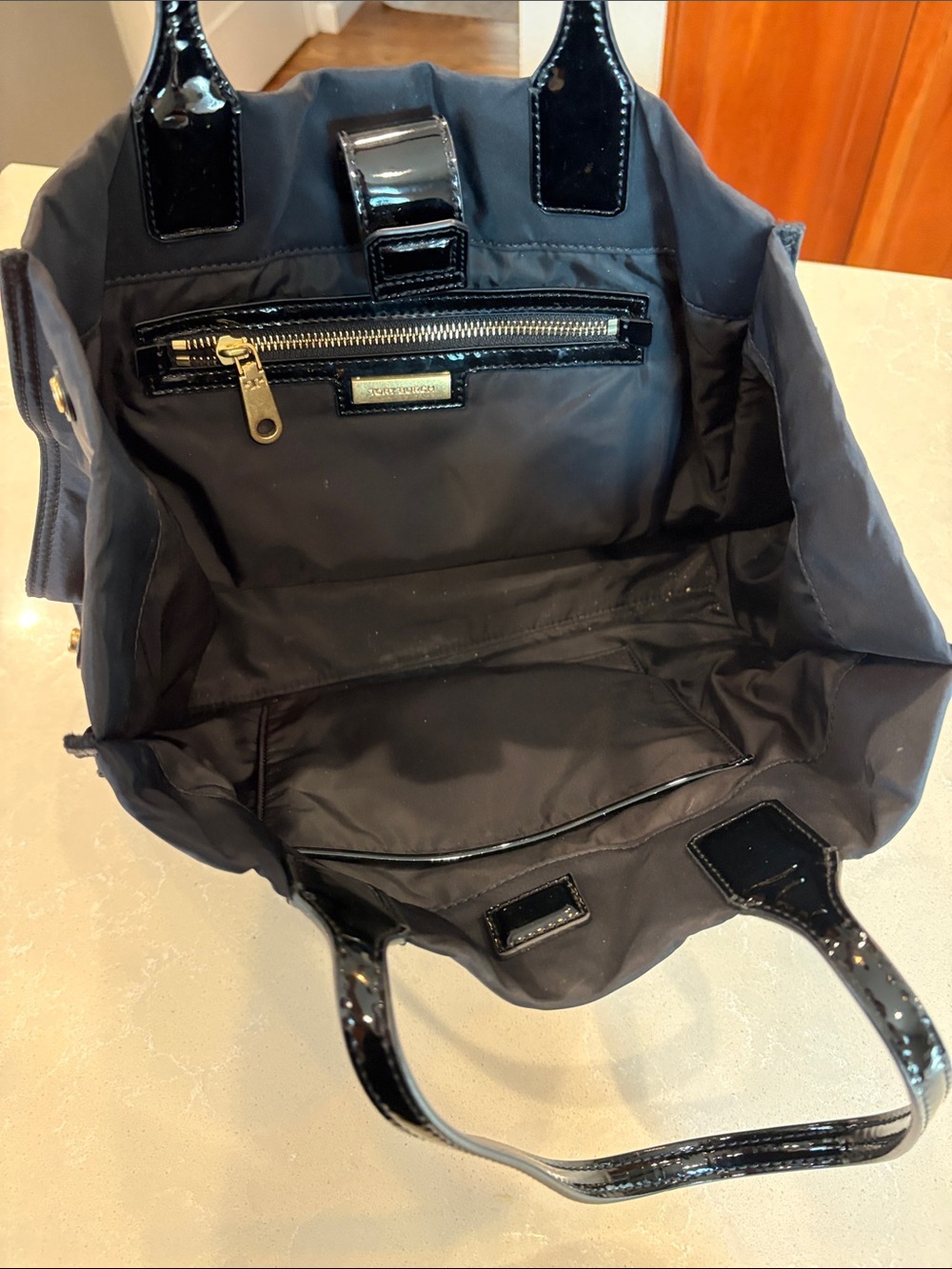 Tory Burch Black Patent Logo Nylon Tote - Picture 3 of 4